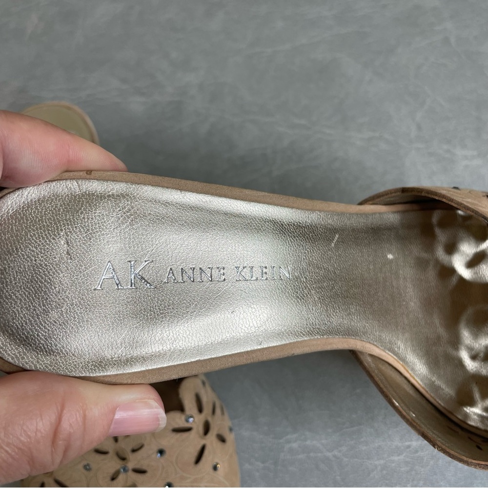 Anne Klein Tan Perforated Leather Floral Heels with Rhinestone Embellishment - Picture 10 of 11